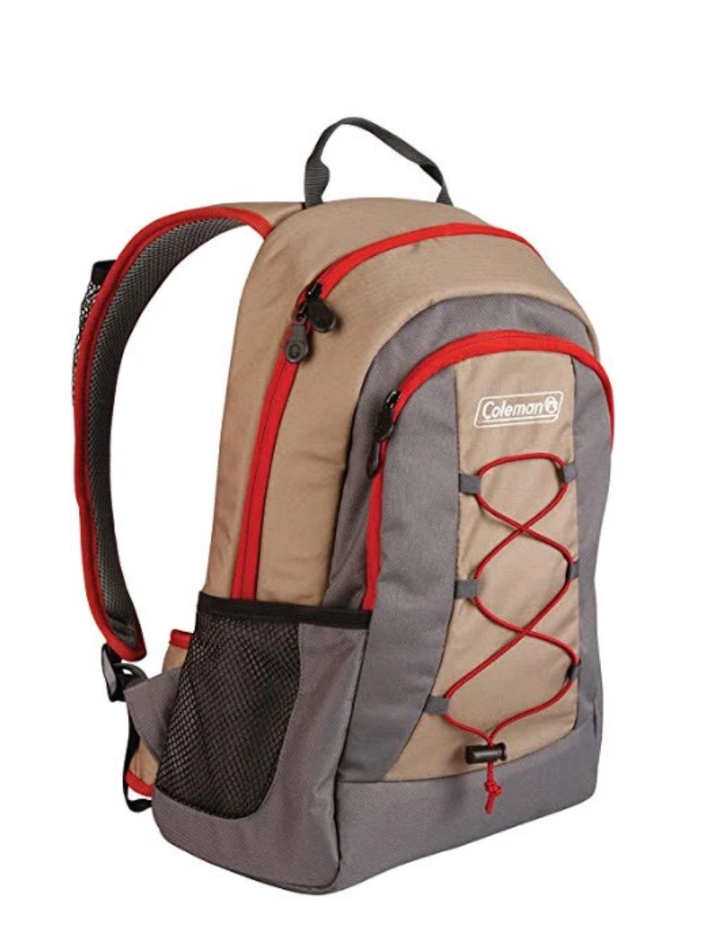 Coleman Khaki and Gray Backpack with Red Trim cooler